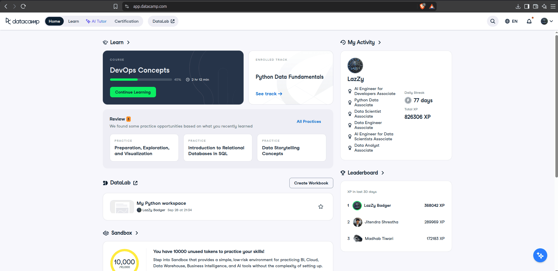 DataCamp Code for Nepal All Time #1 Leaderboard and 66 Days Challenge Completer - LazZy Badger